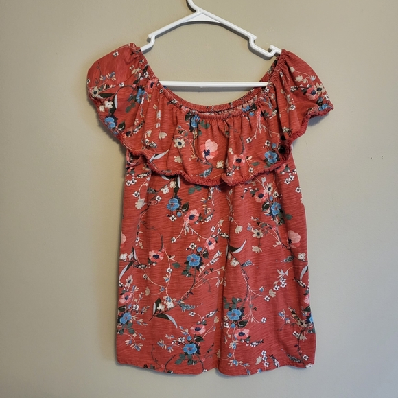 St. John's Bay Dark Coral Small Floral Off the Shoulder Top - Picture 1 of 3